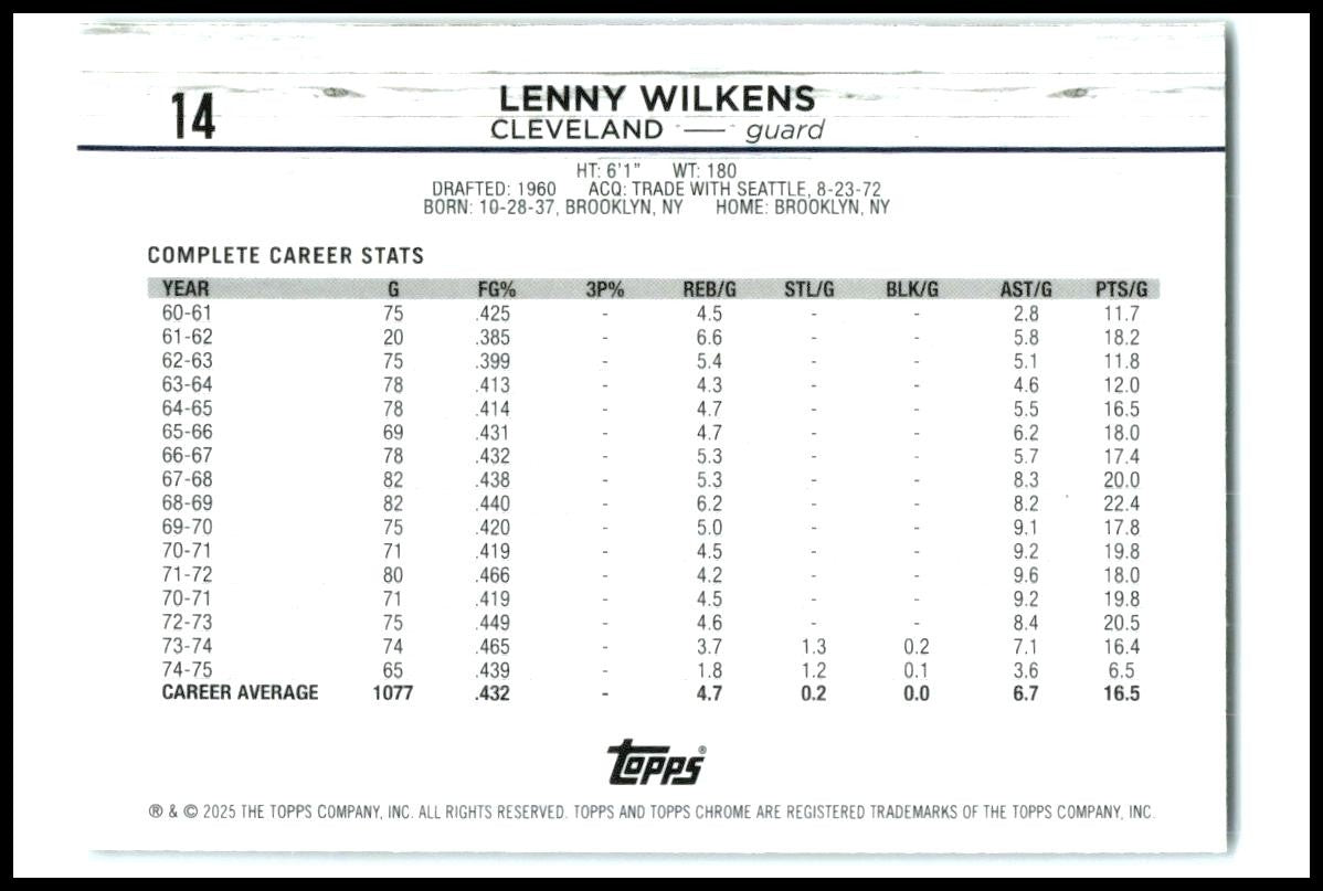 2024-25 Topps Chrome Blue Basketball Refractor #14 Lenny Wilkens Cavaliers