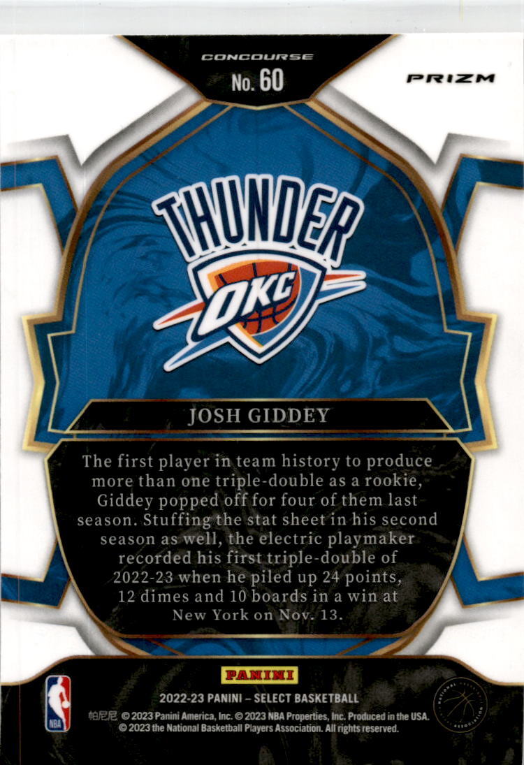 2022 Select Red Cracked Ice Prizm #60 Josh Giddey  Oklahoma City Thunder