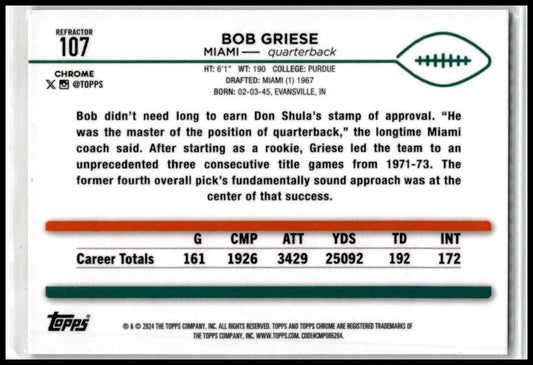 2024 Topps Chrome Refractor #107 Bob Griese Miami Dolphins