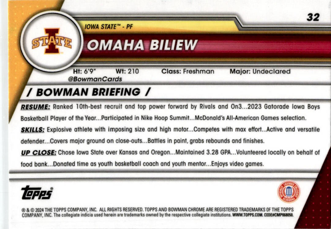 2023-24 Bowman University Chrome #32 Omaha Biliew Iowa State Cyclones