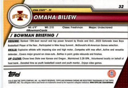 2023-24 Bowman University Chrome #32 Omaha Biliew Iowa State Cyclones