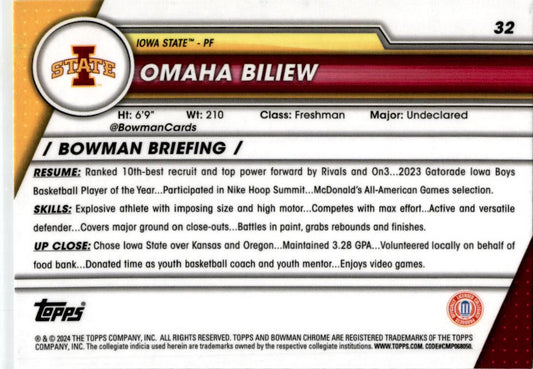 2023-24 Bowman University Chrome #32 Omaha Biliew Iowa State Cyclones