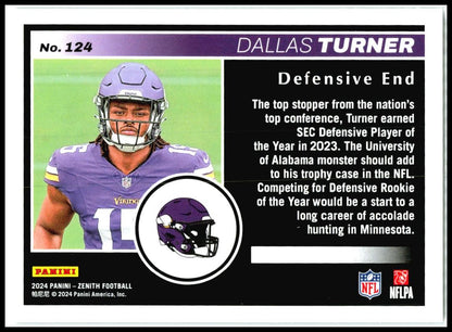2024 Panini Zenith Retail #124 Dallas Turner Rookie Minnesota Vikings