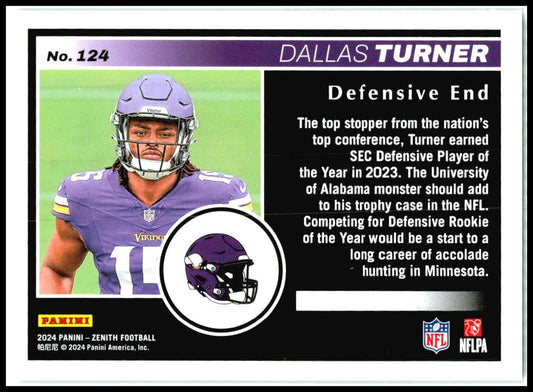 2024 Panini Zenith Retail #124 Dallas Turner Rookie Minnesota Vikings