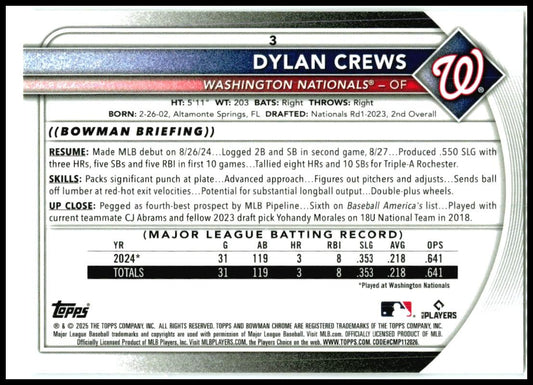2025 Bowman Chrome #3 Dylan Crews Rookie Washington Nationals