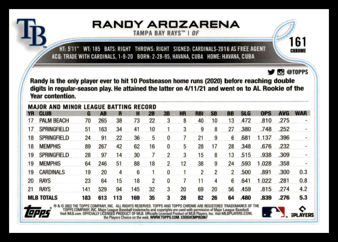 2022 Topps Chrome #161 Randy Arozarena