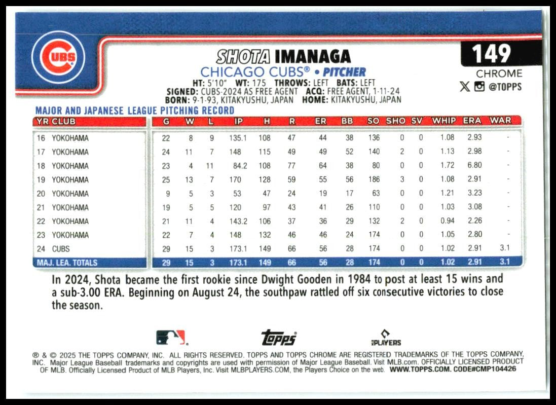 2025 Topps Chrome #149 Shota Imanaga Chicago Cubs
