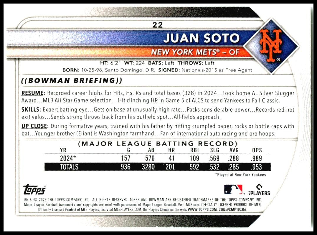 2025 Bowman #22 Juan Soto New York Mets
