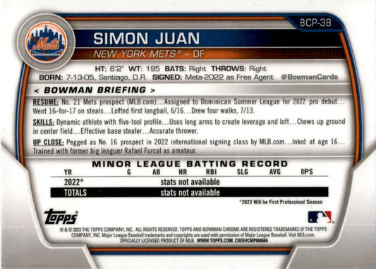 2023 Bowman #BCP-38 Simon Juan New York Mets