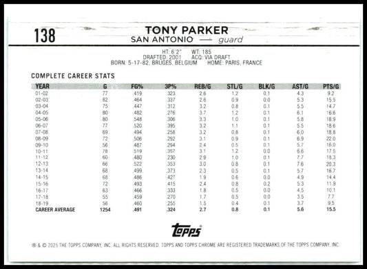 2024-25 Topps Chrome #138 Tony Parker Spurs