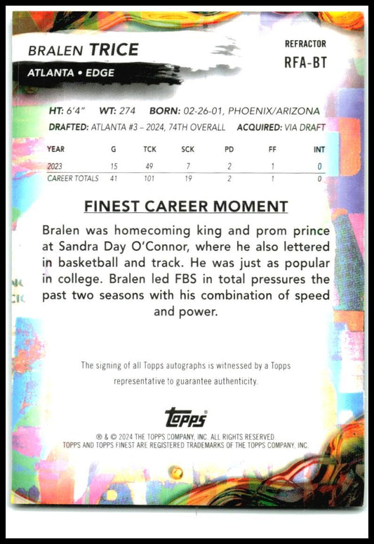 2024 Topps Finest #RFA-BT Bralen Trice Rookie Auto Atlanta Falcons
