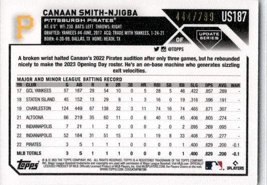 2023 Topps Update Purple Foil #US187 Canaan Smith-Njigba /799 Pittsburgh Pirates