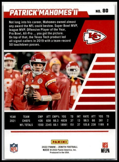 2022 Zenith #80 Patrick Mahomes II Kansas City Chiefs