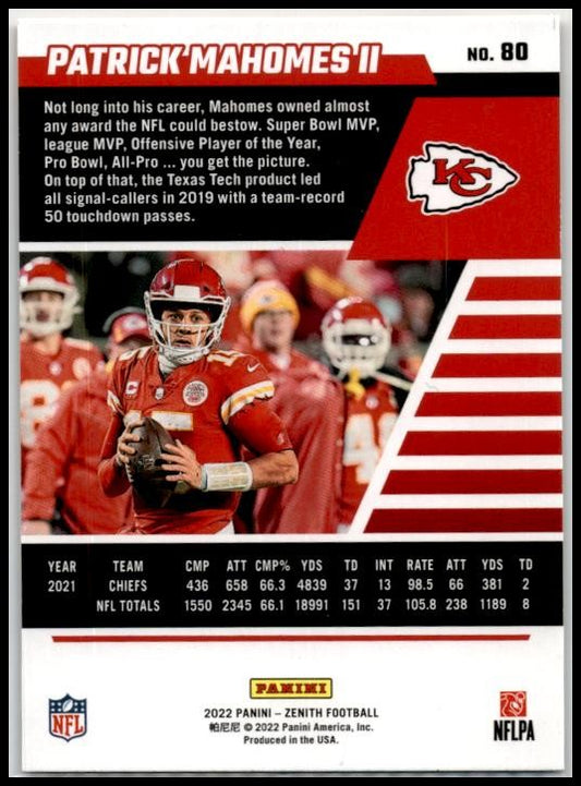 2022 Zenith #80 Patrick Mahomes II Kansas City Chiefs
