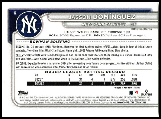 2024 Bowman #17 Jasson Domínguez Rookie New York Yankees