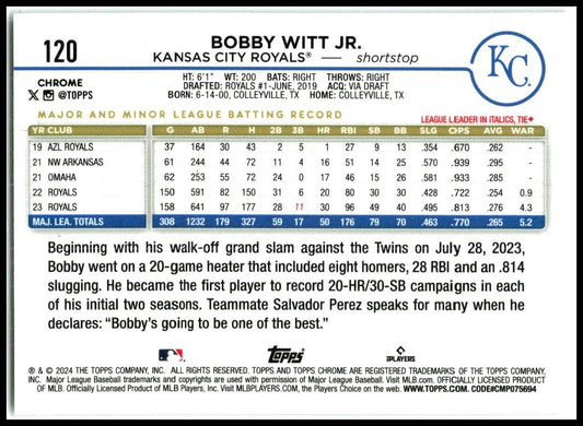 2024 Topps Chrome #120 Bobby Witt Jr. Kansas City Royals