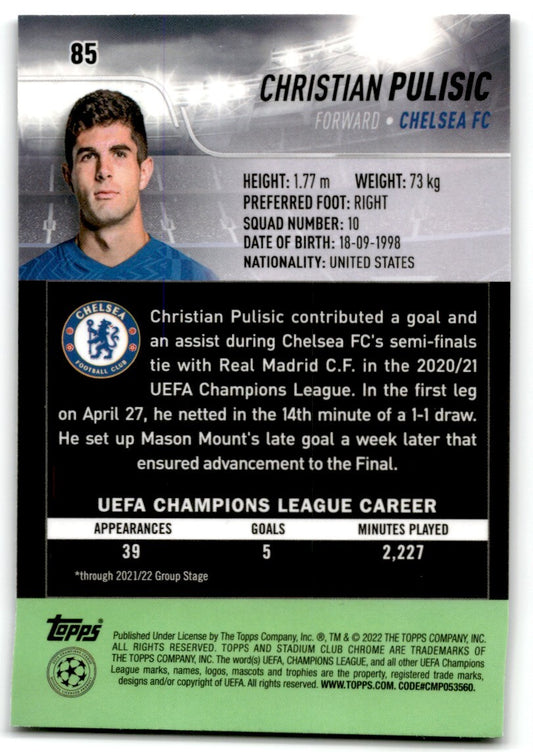 2022 Topps Stadium Club Chrome UCL Christian Pulisic Chelsea FC #85