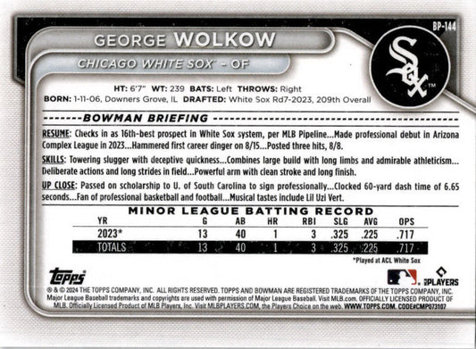 2024 Bowman Prospects #BP-144 George Wolkow Chicago White Sox