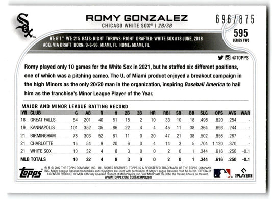 2022 Topps Retail Foilboard Romy Gonzalez 696/875 Chicago White Sox #595