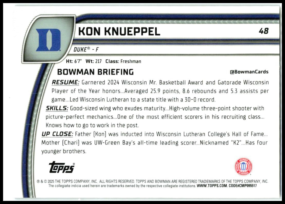 2024-25 Bowman University Chrome Black Wave Refractor #48 Kon Knueppel Hornets