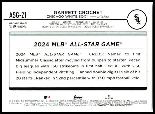 2024 Topps #ASG-21 Garrett Crochet Chicago White Sox