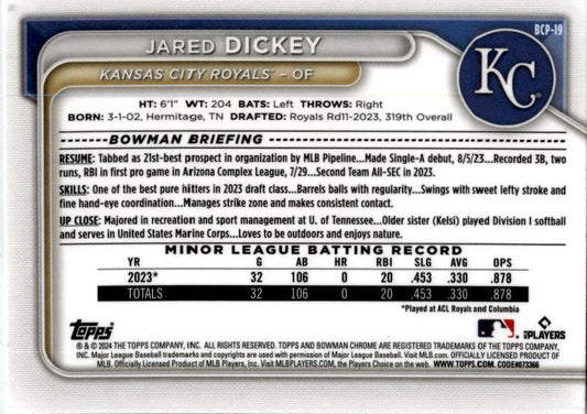 2024 Bowman Chrome Mojo Refractors #BCP-19 Jared Dickey Kansas City Royals