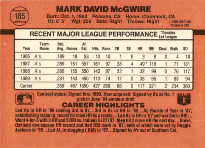 1990 Donruss #185a Mark McGwire Oakland Athletics