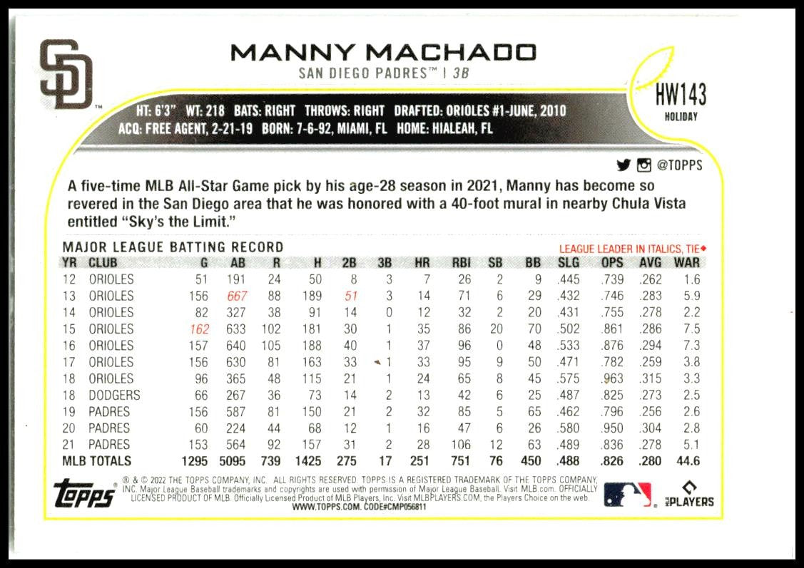 2022 Topps Holiday #HW143 Manny Machado San Diego Padres