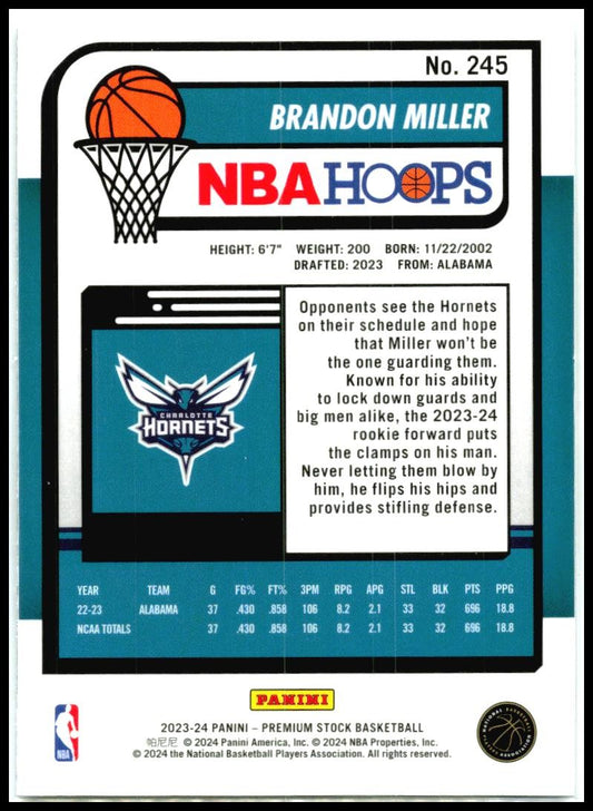 2023-24 Hoops Premium Stock #245 Brandon Miller Rookie Charlotte Hornets