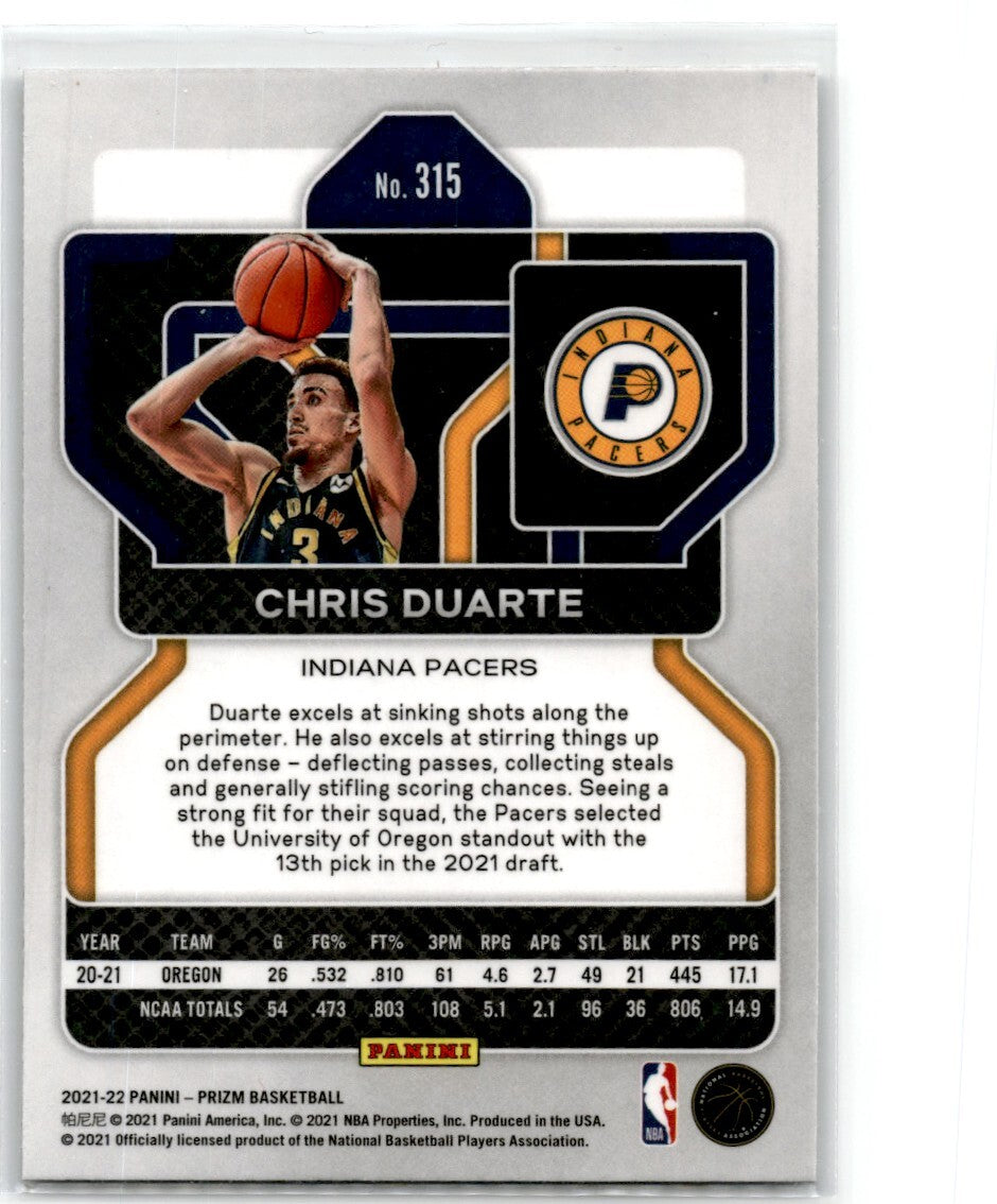 2021-22 Panini Prizm Chris Duarte Rookie Indiana Pacers #315
