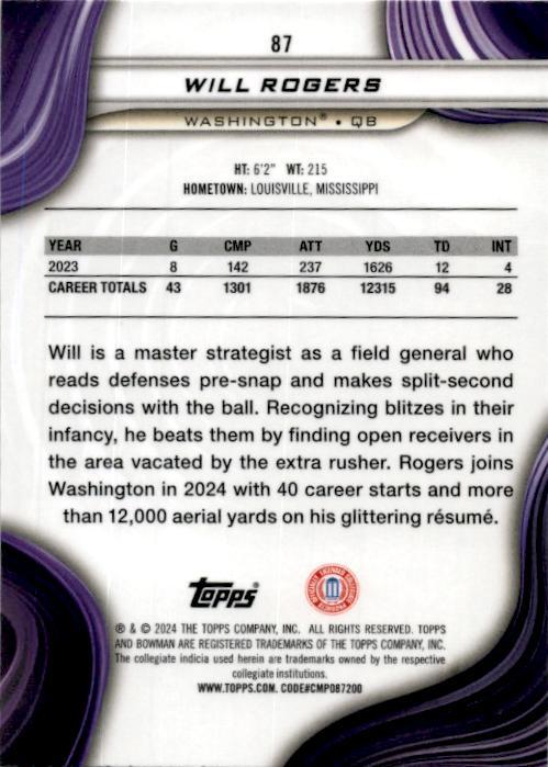 2024 Bowman Best University Green Speckle #87 Will Rogers /99 Washington Huskies