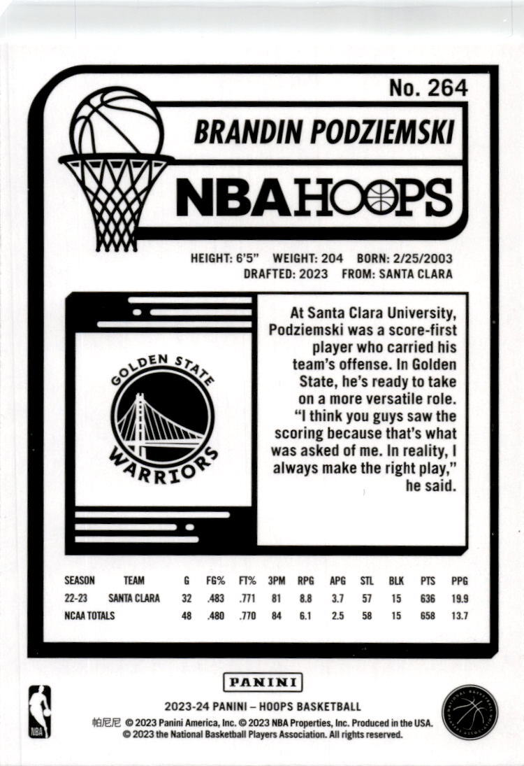 2023-24 Hoops Winter #264 Brandin Podziemski Rookie Golden State Warriors