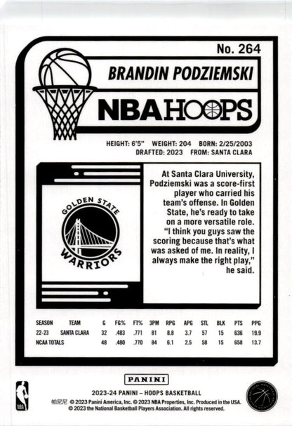 2023-24 Hoops Winter #264 Brandin Podziemski Rookie Golden State Warriors