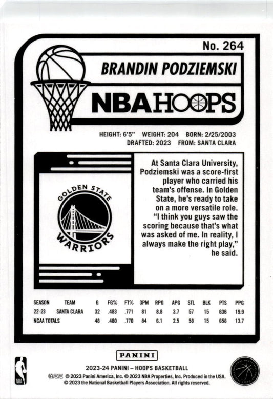 2023-24 Hoops Winter #264 Brandin Podziemski Rookie Golden State Warriors