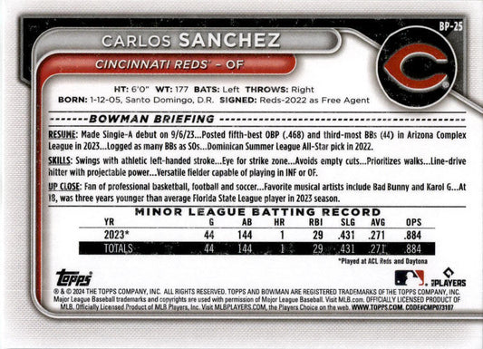 2024 Bowman Prospects #BP-25 Carlos Sanchez Cincinnati Reds