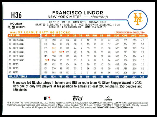 2024 Topps Holiday #H36 Francisco Lindor New York Mets