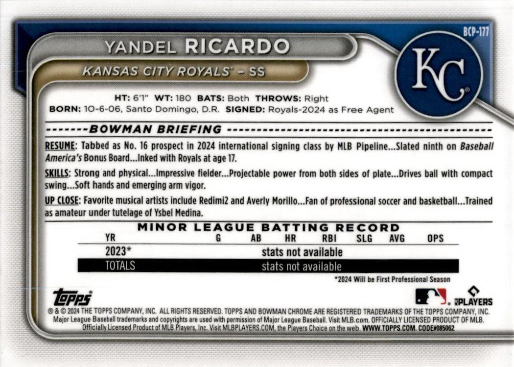 2024 Bowman Chrome #BCP-177 Yandel Ricardo Kansas City Royals