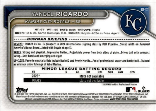 2024 Bowman Chrome #BCP-177 Yandel Ricardo Kansas City Royals