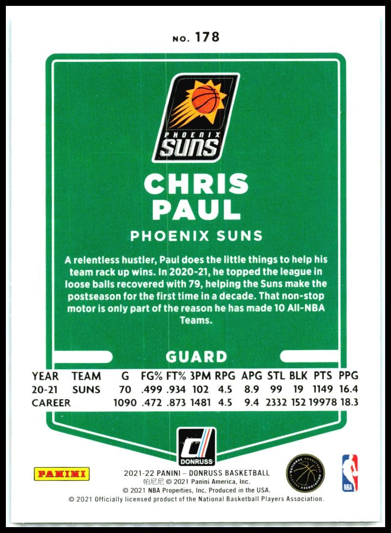 2021-22 Donruss Holo Teal Laser #178 Chris Paul Phoenix Suns