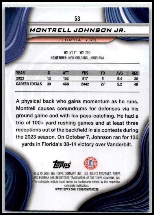 2024 Bowman University Best #53 Montrell Johnson Jr. Florida Gators