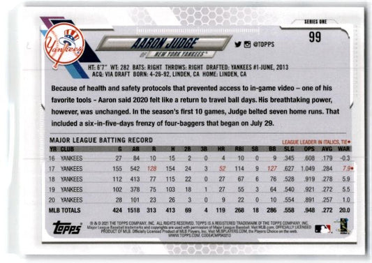 2021 Topps #99a Aaron Judge New York Yankees