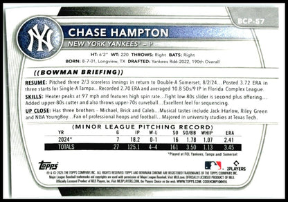 2025 Bowman Chrome Prospects #BCP-57 Chase Hampton New York Yankees