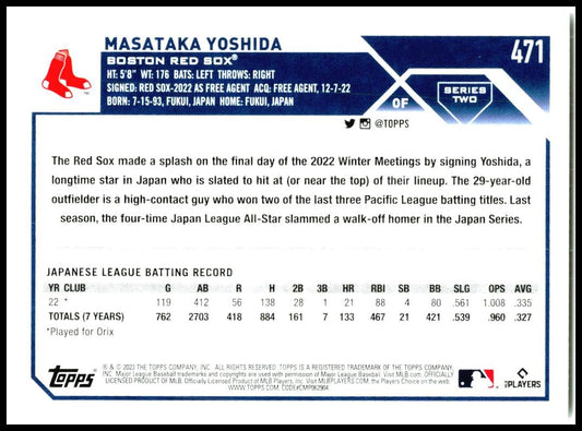 2023 Topps #471 Masataka Yoshida Rookie Boston Red Sox
