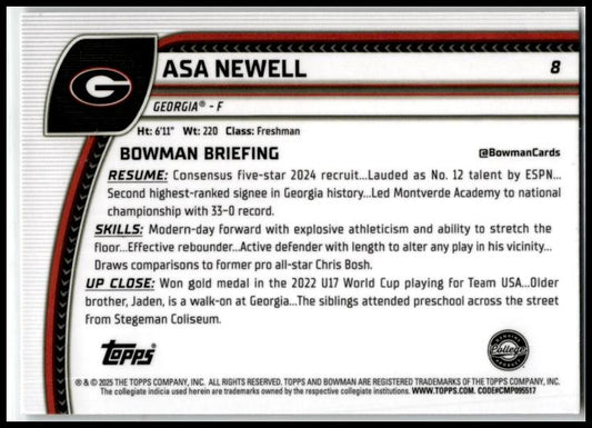 2024-25 Bowman University Chrome #8 Asa Newell Georgia Bulldogs