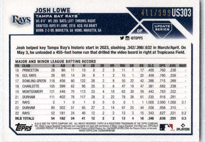 2023 Topps Update Blue Foil #US303 Josh Lowe Tampa Bay Rays /999