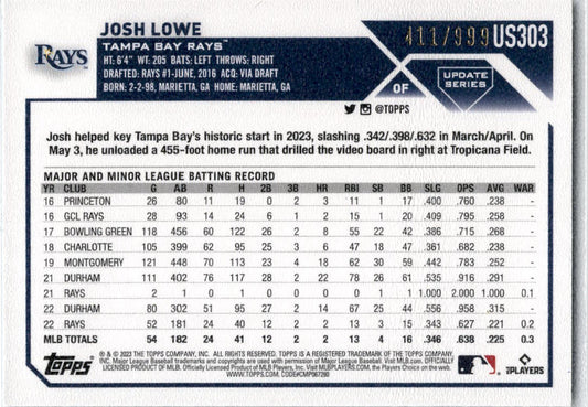 2023 Topps Update Blue Foil #US303 Josh Lowe Tampa Bay Rays /999
