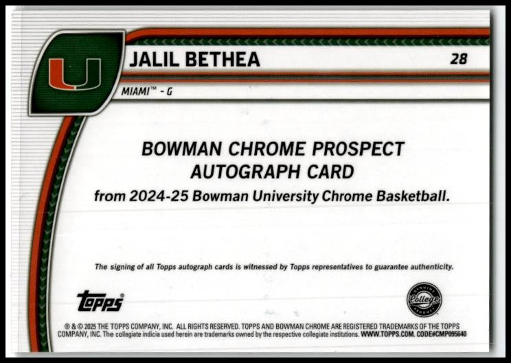 2024-25 Bowman University Chrome Black Wave Refractor #28 Jalil Bethea Miam