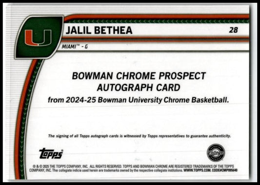 2024-25 Bowman University Chrome Black Wave Refractor #28 Jalil Bethea Miam
