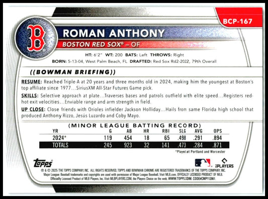 2025 Bowman Chrome Bowman Chrome Prospects Purple #BCP-167 Roman Anthony Boston