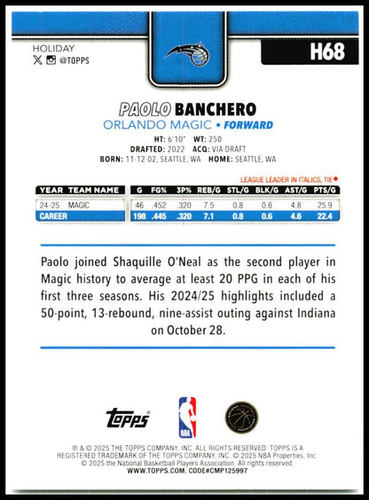 2025-26 Topps Holiday #H68 Paolo Banchero Orlando Magic
